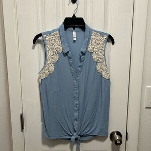 Blue Sleeveless Top with Lace Detail